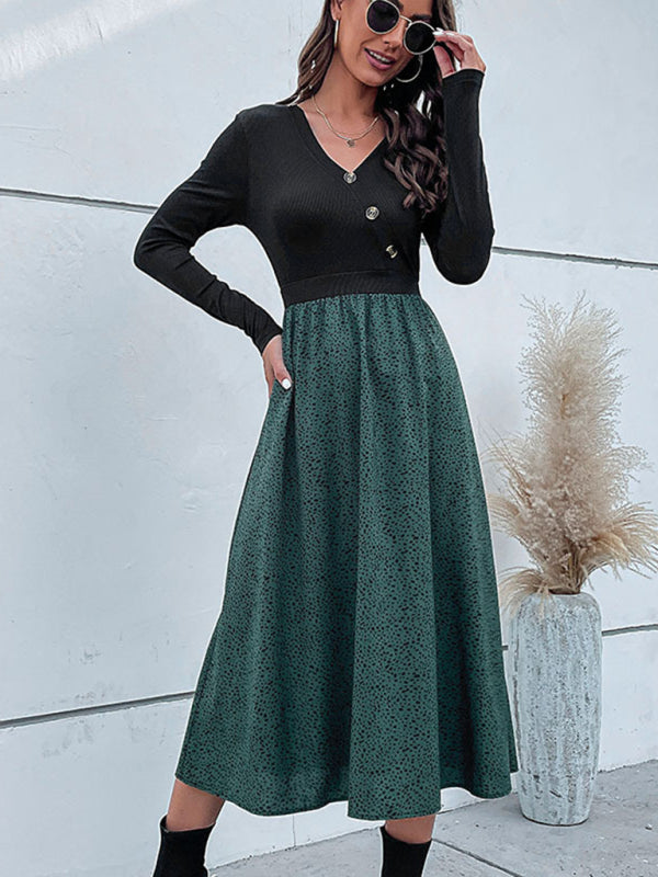 fake two piece stitching polka dot long sleeve dress kakaclo