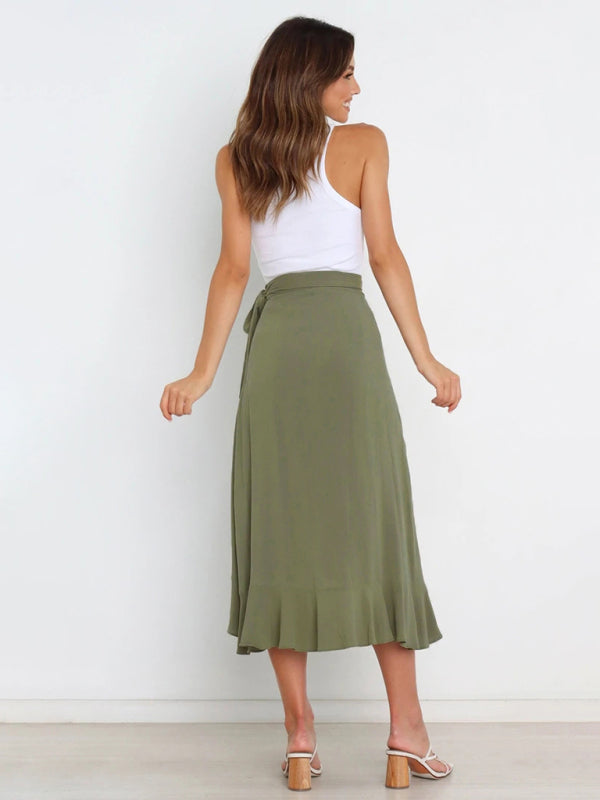 Waist Tie Solid Color Irregular Midi Flare Skirt BLUE ZONE PLANET