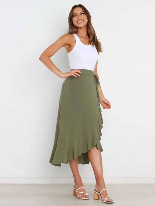 Waist Tie Solid Color Irregular Midi Flare Skirt BLUE ZONE PLANET