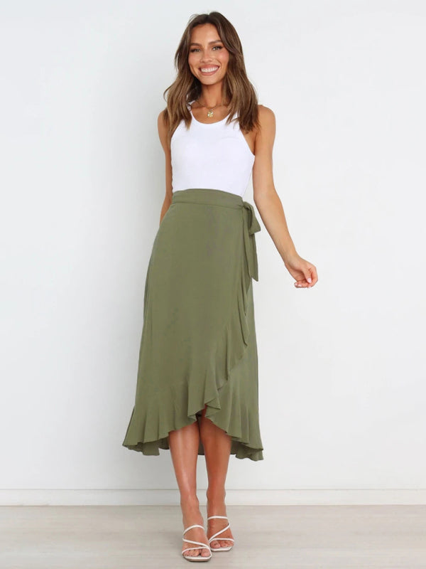 Waist Tie Solid Color Irregular Midi Flare Skirt BLUE ZONE PLANET