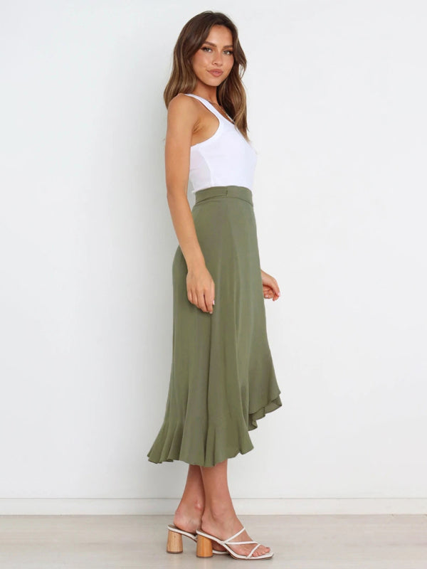 Waist Tie Solid Color Irregular Midi Flare Skirt BLUE ZONE PLANET