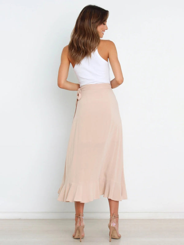 Waist Tie Solid Color Irregular Midi Flare Skirt BLUE ZONE PLANET
