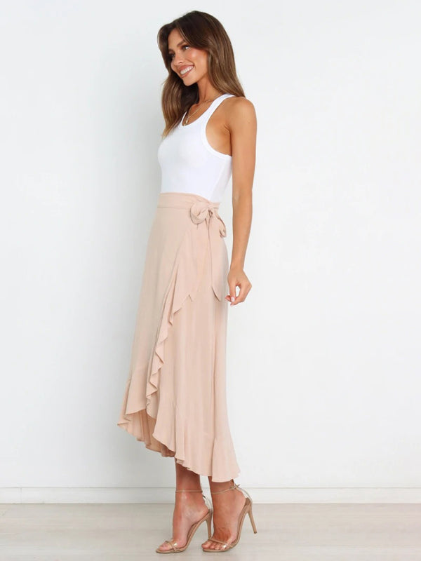 Waist Tie Solid Color Irregular Midi Flare Skirt BLUE ZONE PLANET