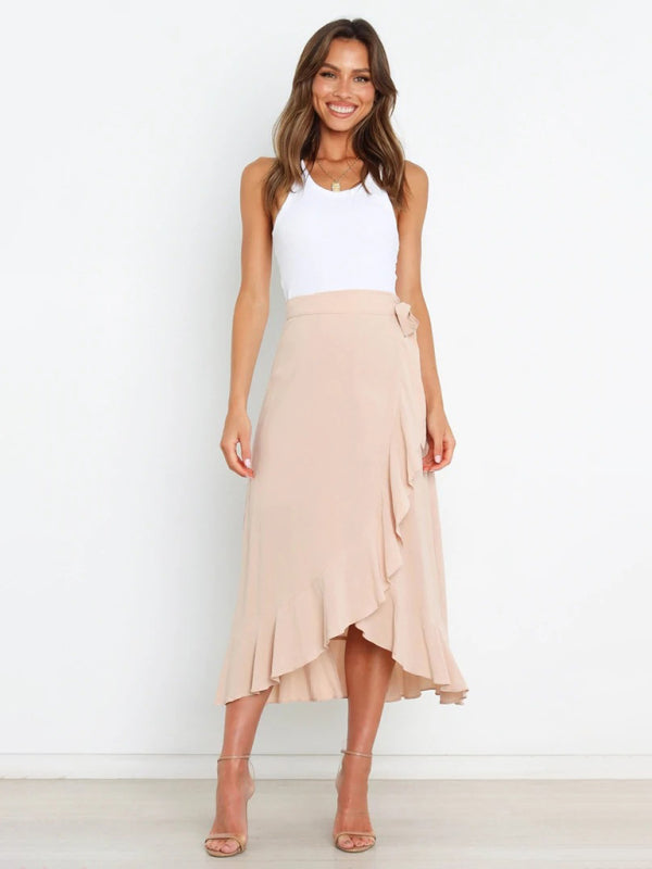 Waist Tie Solid Color Irregular Midi Flare Skirt BLUE ZONE PLANET