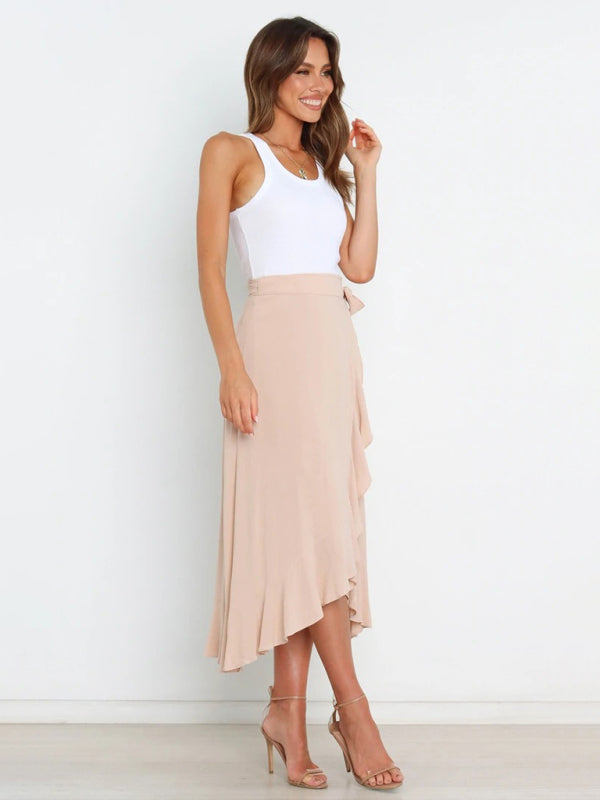 Waist Tie Solid Color Irregular Midi Flare Skirt BLUE ZONE PLANET