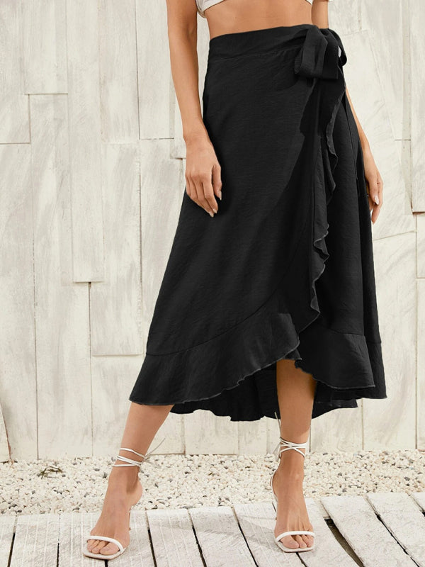 Waist Tie Solid Color Irregular Midi Flare Skirt BLUE ZONE PLANET