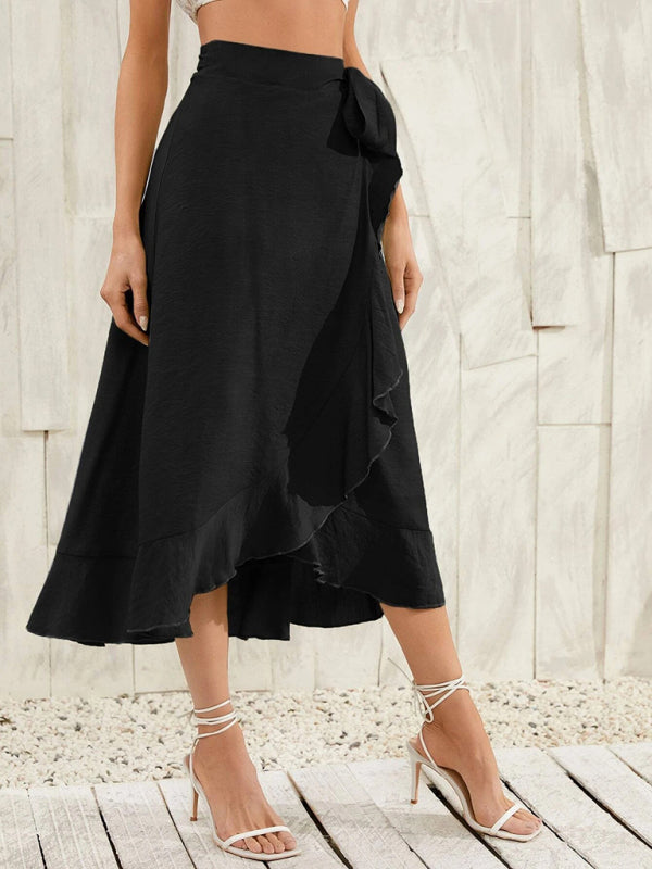 Waist Tie Solid Color Irregular Midi Flare Skirt BLUE ZONE PLANET