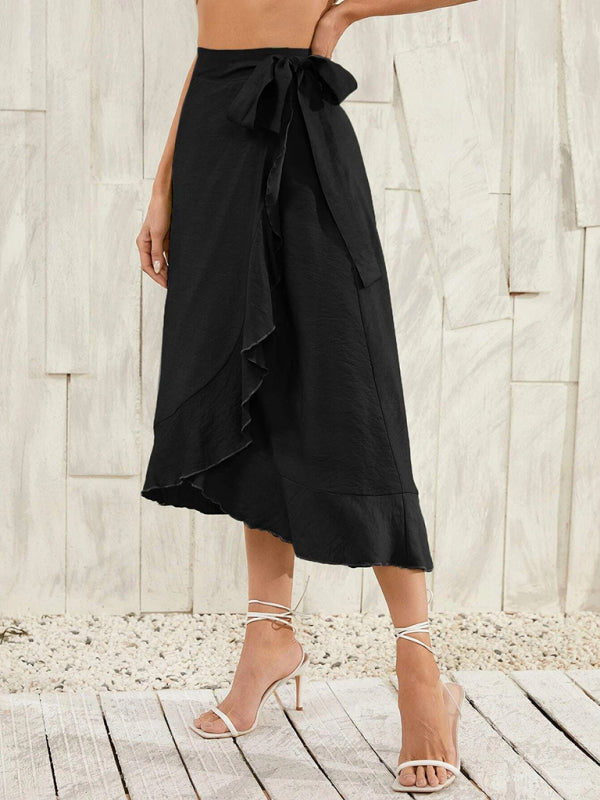 Waist Tie Solid Color Irregular Midi Flare Skirt BLUE ZONE PLANET