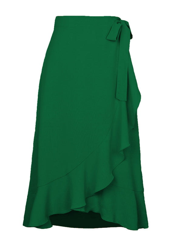 Waist Tie Solid Color Irregular Midi Flare Skirt BLUE ZONE PLANET