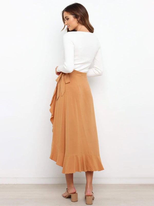 Waist Tie Solid Color Irregular Midi Flare Skirt BLUE ZONE PLANET