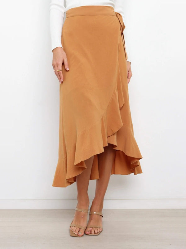 Waist Tie Solid Color Irregular Midi Flare Skirt BLUE ZONE PLANET