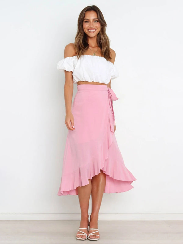 Waist Tie Solid Color Irregular Midi Flare Skirt BLUE ZONE PLANET