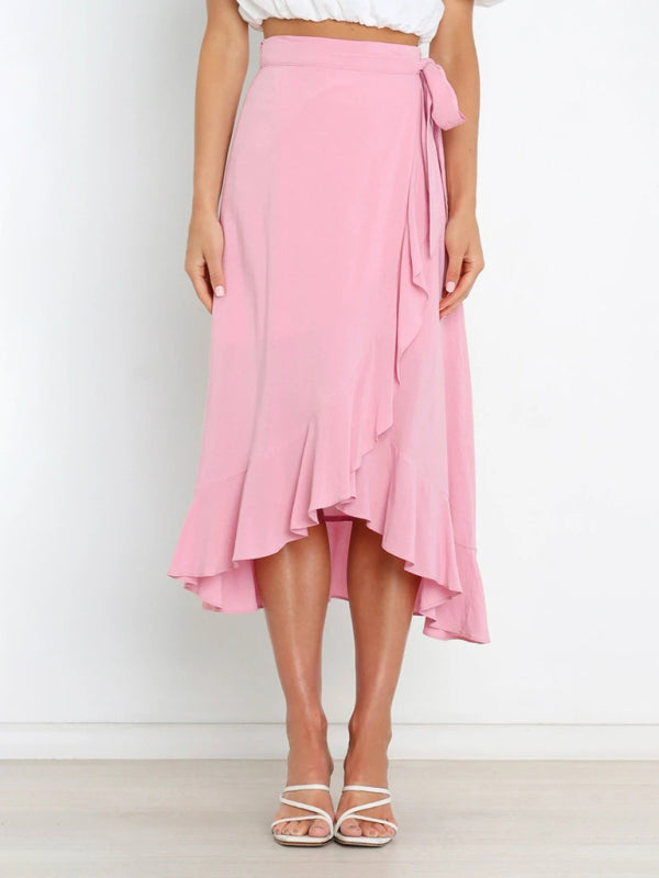 Waist Tie Solid Color Irregular Midi Flare Skirt BLUE ZONE PLANET