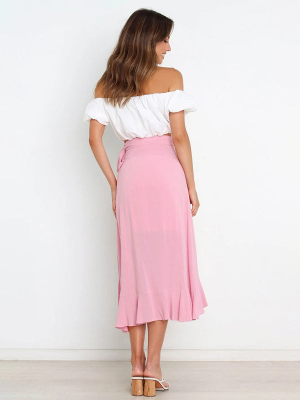 Waist Tie Solid Color Irregular Midi Flare Skirt BLUE ZONE PLANET