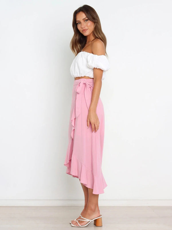 Waist Tie Solid Color Irregular Midi Flare Skirt BLUE ZONE PLANET