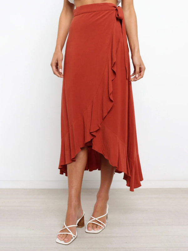 Waist Tie Solid Color Irregular Midi Flare Skirt BLUE ZONE PLANET