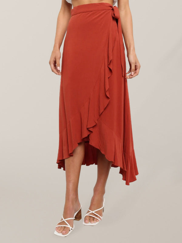 Waist Tie Solid Color Irregular Midi Flare Skirt BLUE ZONE PLANET