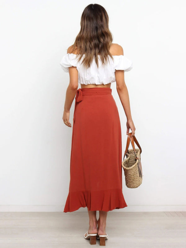Waist Tie Solid Color Irregular Midi Flare Skirt BLUE ZONE PLANET