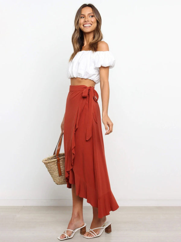 Waist Tie Solid Color Irregular Midi Flare Skirt BLUE ZONE PLANET
