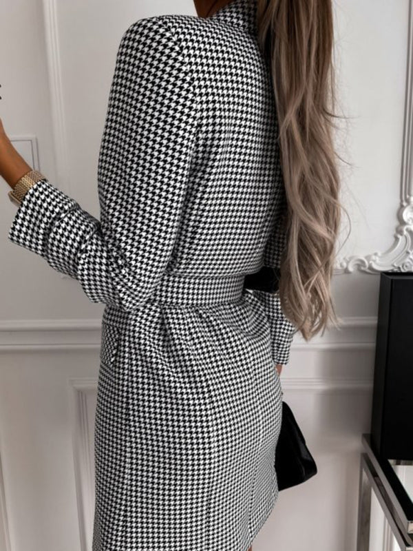 Blue Zone Planet | Ella's Houndstooth Long-Sleeve Belted Double-Breasted Dress BLUE ZONE PLANET