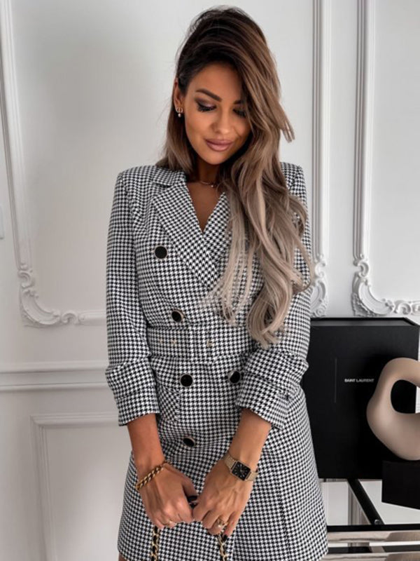 Blue Zone Planet | Ella's Houndstooth Long-Sleeve Belted Double-Breasted Dress BLUE ZONE PLANET