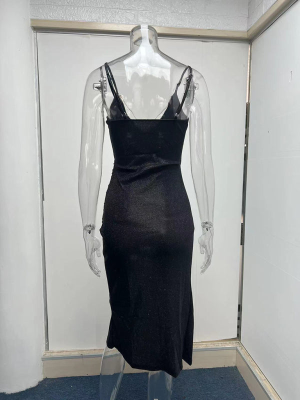 New Glitter High Slit Deep V Sling Dress European and American kakaclo