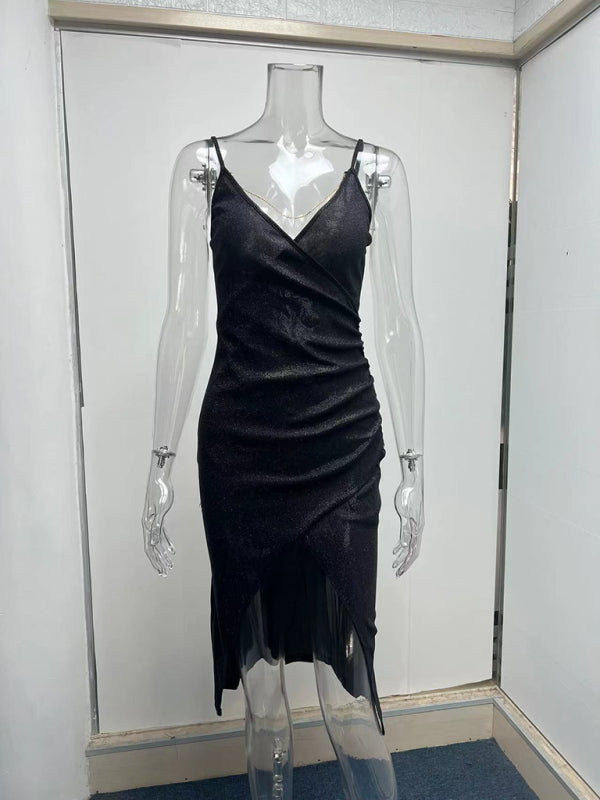 New Glitter High Slit Deep V Sling Dress European and American kakaclo