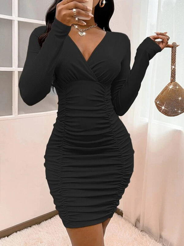 Blue Zone Planet | Sexy Babes Knitted Solid Color Slim Fit Gathered Hip Dress kakaclo