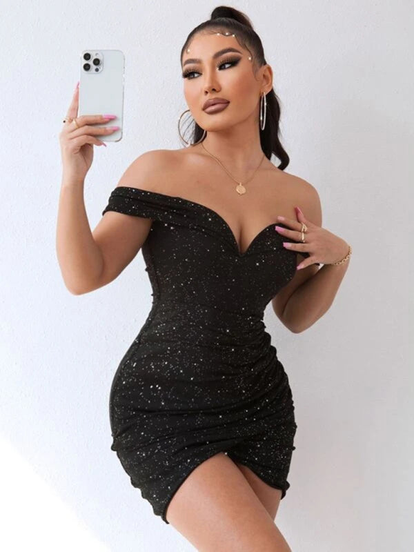 Blue Zone Planet | Sexy v-neck one-shoulder dress celebrity party high-end slit hot girl bag hip kakaclo