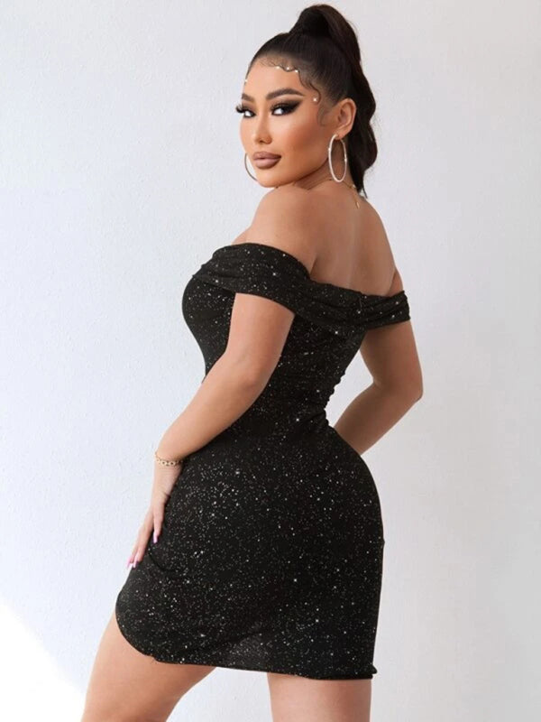 Blue Zone Planet | Sexy v-neck one-shoulder dress celebrity party high-end slit hot girl bag hip kakaclo