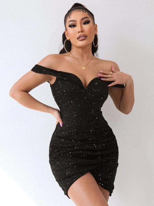 Blue Zone Planet | Sexy v-neck one-shoulder dress celebrity party high-end slit hot girl bag hip kakaclo