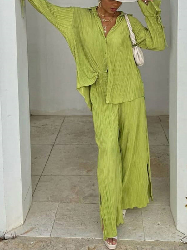 Solid Color Pressed Pleated Long Sleeve Cardigan Shirt Slit Top Trousers Two-Piece Set kakaclo