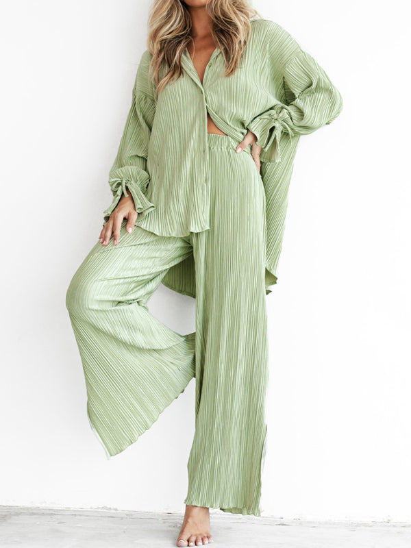 Solid Color Pressed Pleated Long Sleeve Cardigan Shirt Slit Top Trousers Two-Piece Set kakaclo