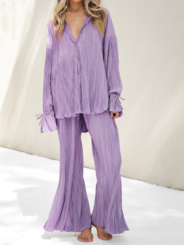 Solid Color Pressed Pleated Long Sleeve Cardigan Shirt Slit Top Trousers Two-Piece Set kakaclo