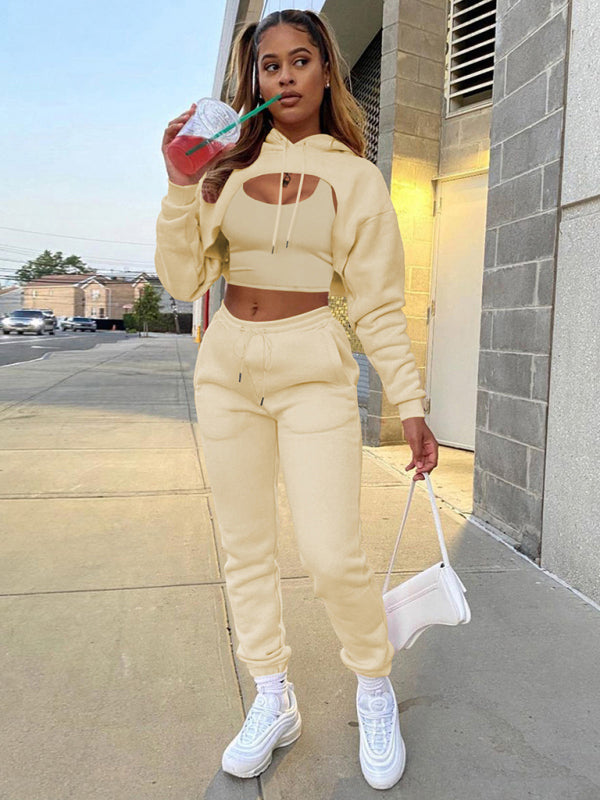 Blue Zone Planet | Drawstring Solid Color Hoodie Long Sleeve Drawstring Trousers Vest Three-Piece Suit BLUE ZONE PLANET