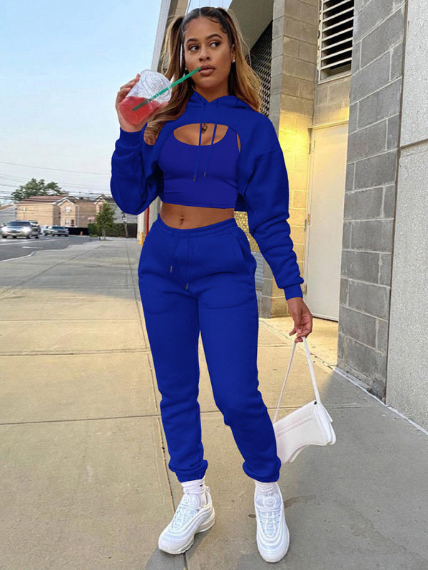 Blue Zone Planet | Drawstring Solid Color Hoodie Long Sleeve Drawstring Trousers Vest Three-Piece Suit BLUE ZONE PLANET