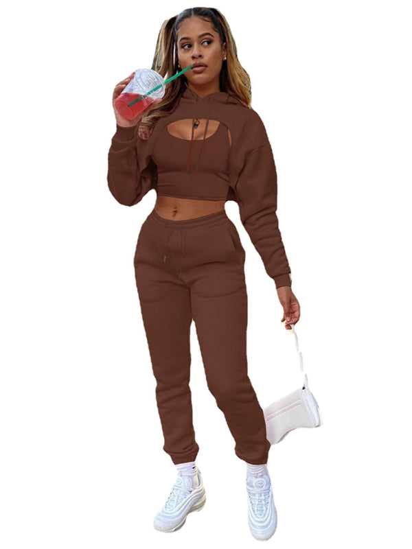 Blue Zone Planet | Drawstring Solid Color Hoodie Long Sleeve Drawstring Trousers Vest Three-Piece Suit BLUE ZONE PLANET