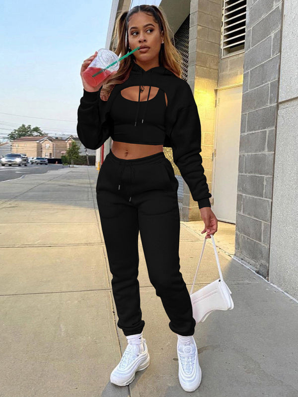 Blue Zone Planet | Drawstring Solid Color Hoodie Long Sleeve Drawstring Trousers Vest Three-Piece Suit BLUE ZONE PLANET