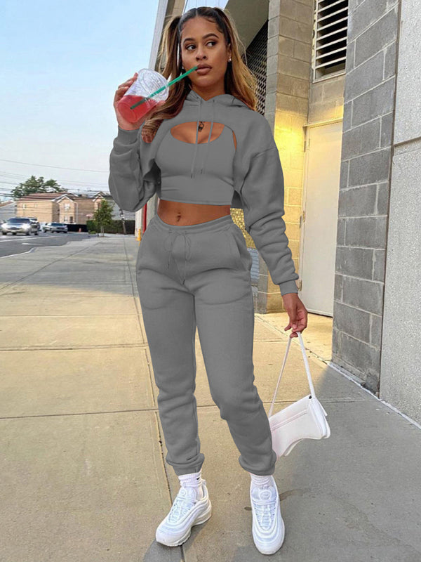 Blue Zone Planet | Drawstring Solid Color Hoodie Long Sleeve Drawstring Trousers Vest Three-Piece Suit BLUE ZONE PLANET