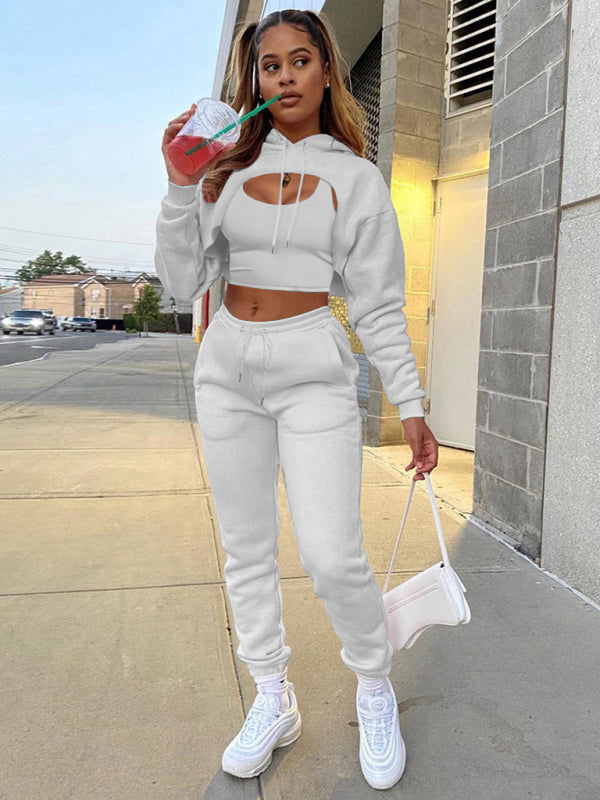 Blue Zone Planet | Drawstring Solid Color Hoodie Long Sleeve Drawstring Trousers Vest Three-Piece Suit BLUE ZONE PLANET