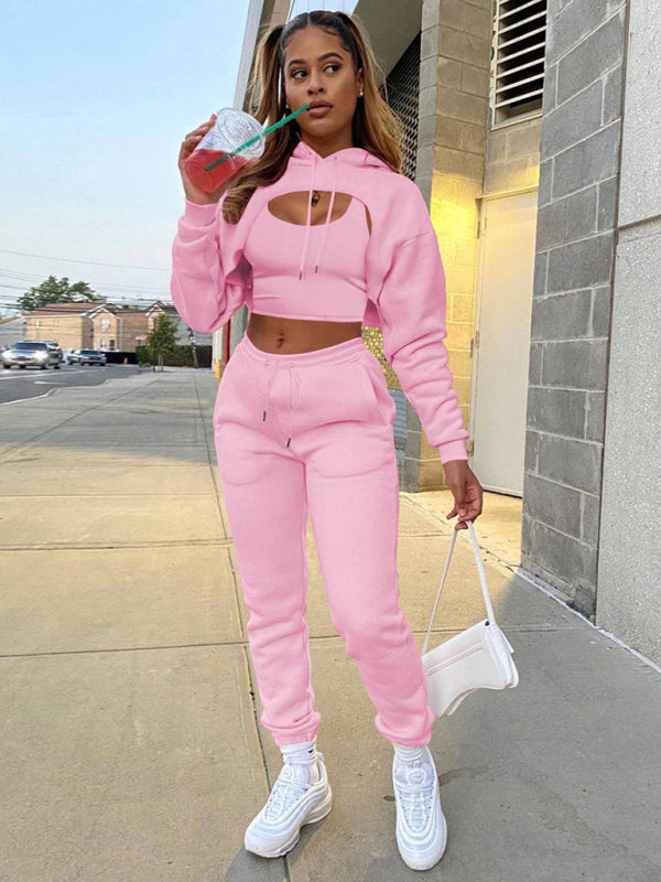 Blue Zone Planet | Drawstring Solid Color Hoodie Long Sleeve Drawstring Trousers Vest Three-Piece Suit BLUE ZONE PLANET