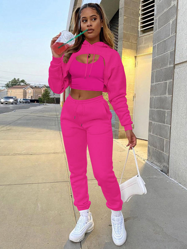 Blue Zone Planet | Drawstring Solid Color Hoodie Long Sleeve Drawstring Trousers Vest Three-Piece Suit BLUE ZONE PLANET