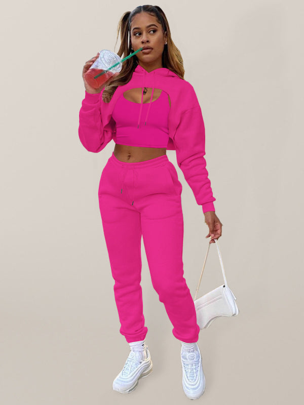 Blue Zone Planet | Drawstring Solid Color Hoodie Long Sleeve Drawstring Trousers Vest Three-Piece Suit BLUE ZONE PLANET