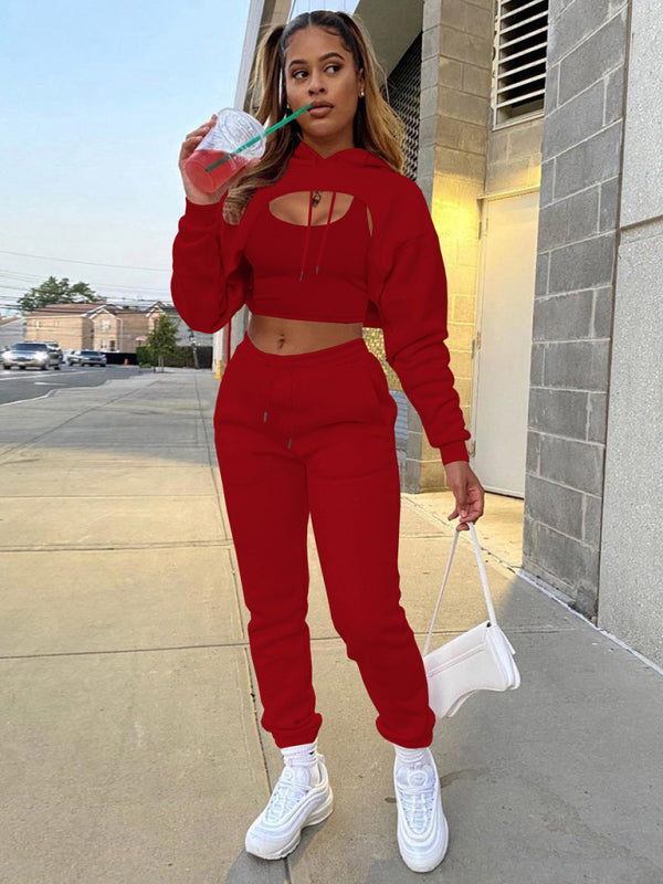Blue Zone Planet | Drawstring Solid Color Hoodie Long Sleeve Drawstring Trousers Vest Three-Piece Suit BLUE ZONE PLANET