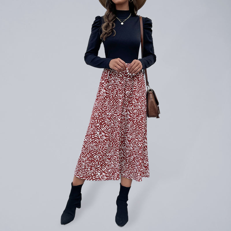 Blue Zone Planet | Half High Collar Mosaic Zebra Print Puff Sleeve Midi Dress BLUE ZONE PLANET