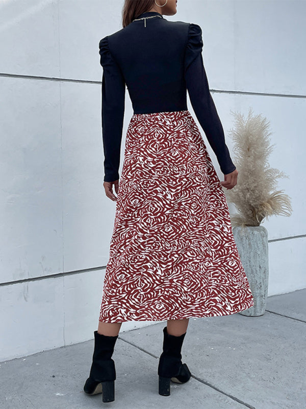 Blue Zone Planet | Half High Collar Mosaic Zebra Print Puff Sleeve Midi Dress BLUE ZONE PLANET