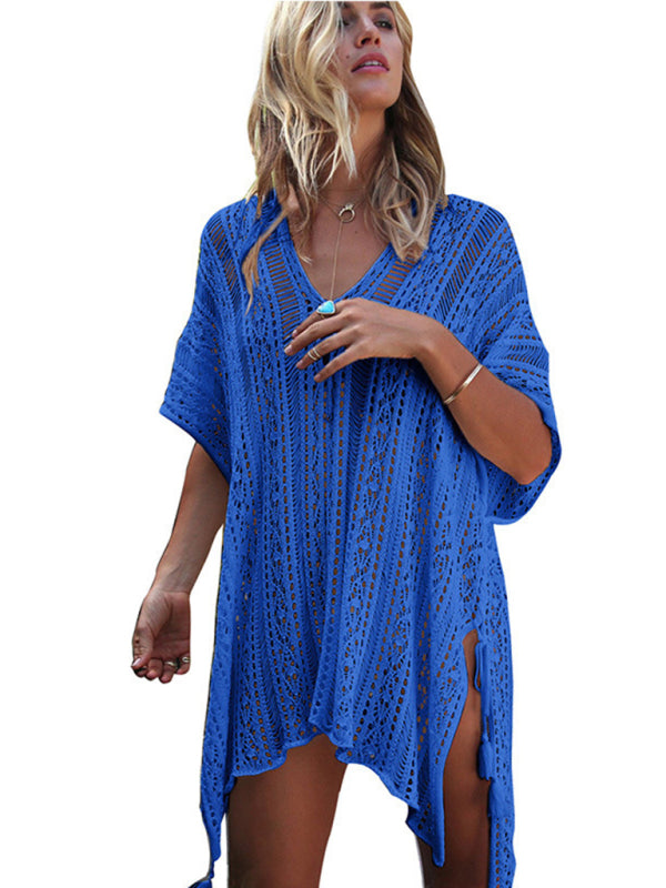 Eva's Knitted Hollow Beach Bikini Blouse Coverup Blue Zone Planet