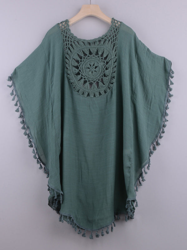 Blue Zone Planet | Sexy off-shoulder hollow loose tassel bikini cover-up beach blouse BLUE ZONE PLANET