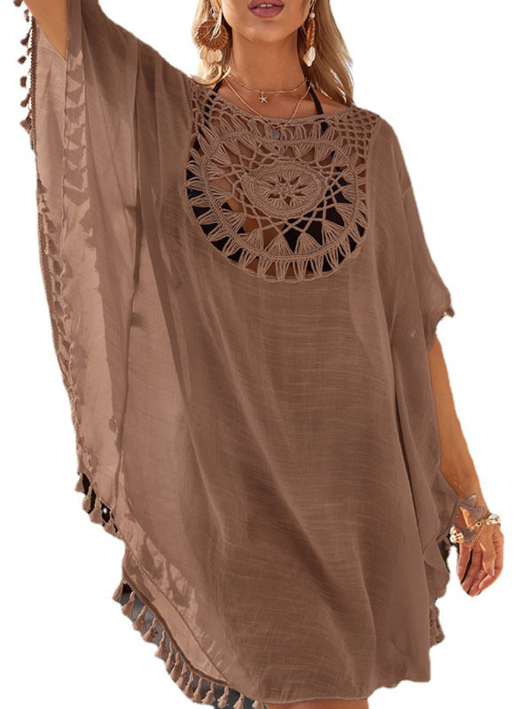 Blue Zone Planet | Sexy off-shoulder hollow loose tassel bikini cover-up beach blouse BLUE ZONE PLANET