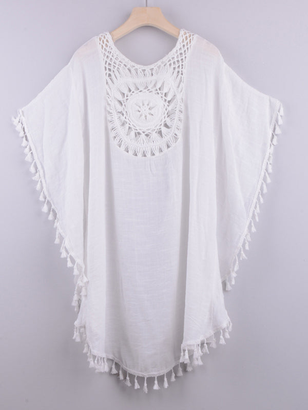 Blue Zone Planet | Sexy off-shoulder hollow loose tassel bikini cover-up beach blouse BLUE ZONE PLANET
